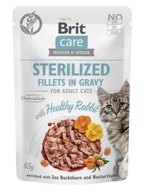 BRIT CARE Sterilisierte Katzenfilets in Soße mit Kaninchen, angereichert mit Sanddorn und Kapuzinerkresse 6x85g