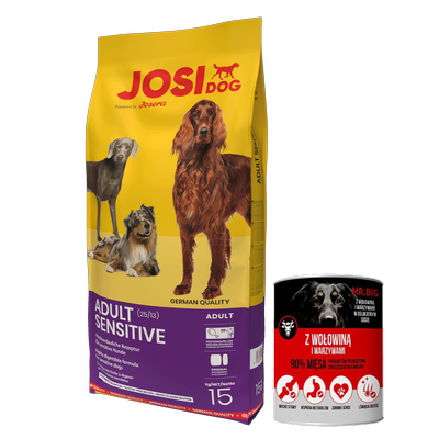 JOSERA JosiDog Adult Sensitive 15kg  + Mr.BIG Stücke in Sauce mit Rindfleisch 400g für Hunde