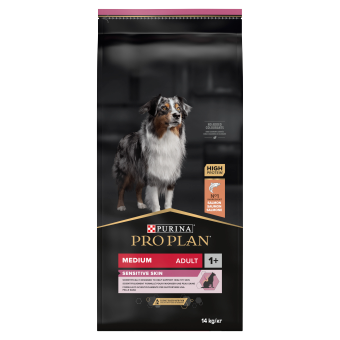 Purina Pro Plan Medium Adult Sensitive Skin Optiderma, Lachs und Reis 14 kg + Überraschung für den Hund