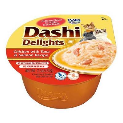 Inaba DASHI Ergänzungsfuttermittel für Katzen - Brühe mit Huhn, Thunfisch und Lachsgeschmack 70 g 