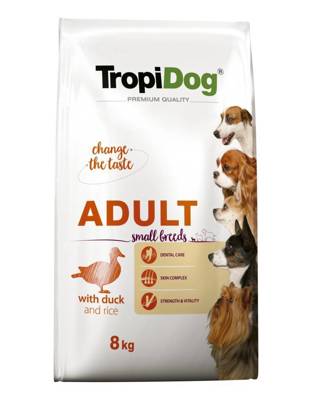 TROPIDOG Premium Adult Small Breeds mit Ente und Reis 8kg + Überraschung für den Hund